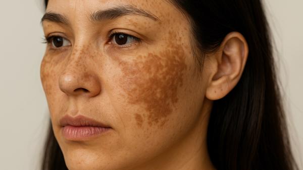 Melasma sul viso: macchie scure su guancia e naso di una donna
