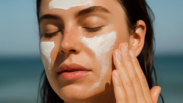 Donna applica crema solare con filtri fisici sul viso al mare