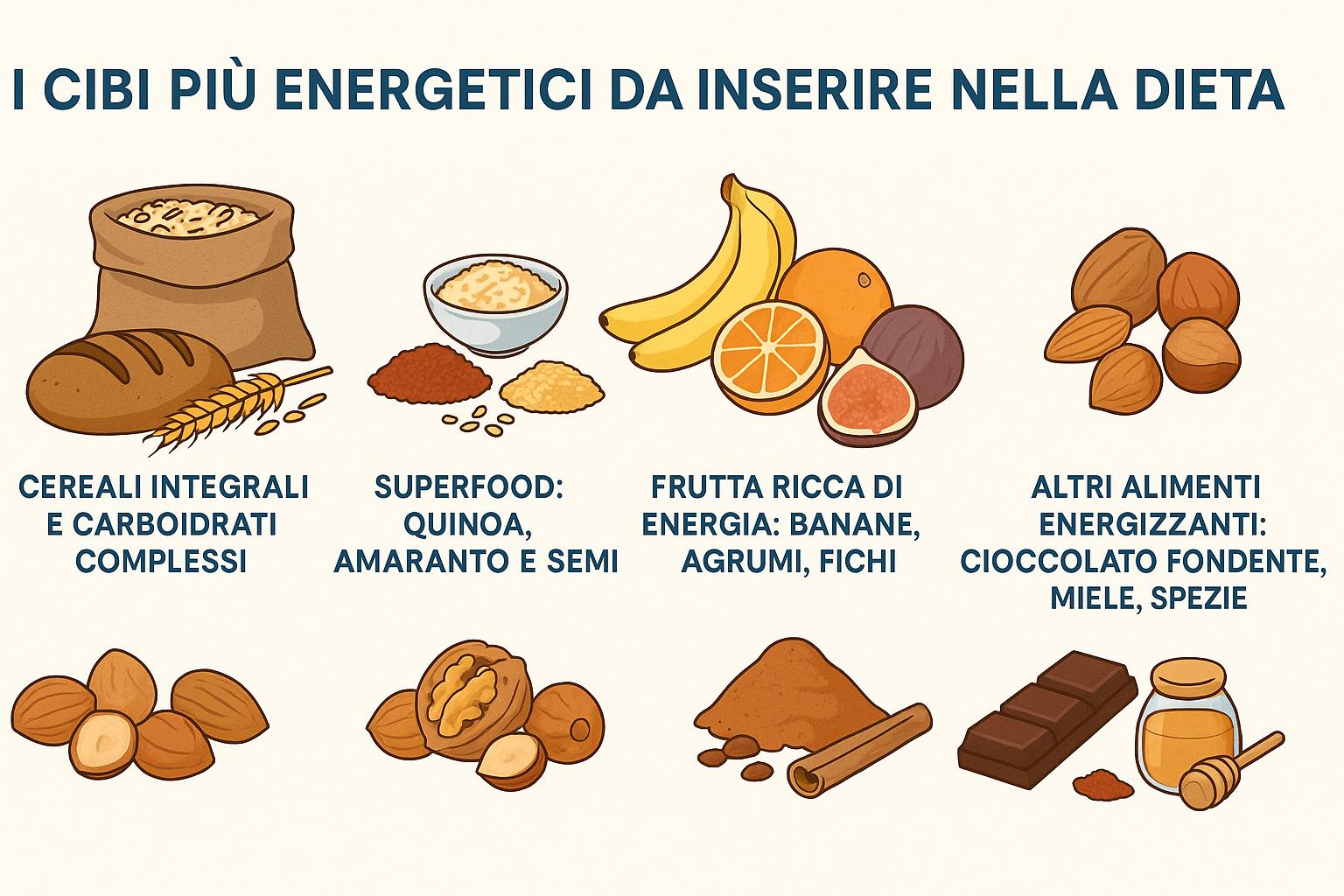 i cibi più energetici da inserire nella dieta, suddivisi in cinque categorie: cereali integrali e carboidrati complessi (come pane e grano), superfood come quinoa e amaranto, frutta energizzante come banane, agrumi e fichi, frutta secca (noci, nocciole, mandorle) e altri alimenti energizzanti tra cui cioccolato fondente, miele e spezie.
